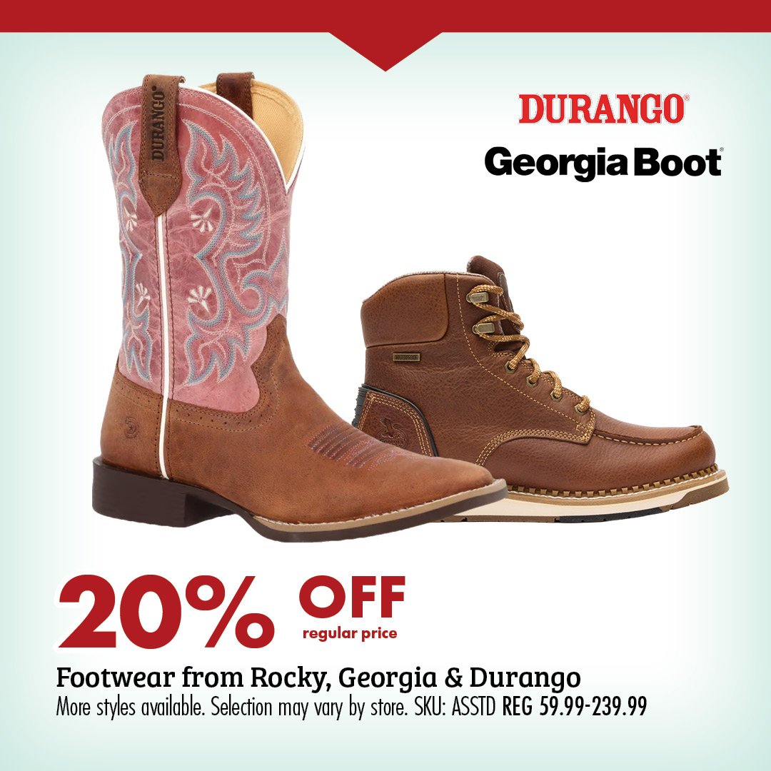20% OFF regular price Footwear from Rocky, Georgia & Durango More styles available. Selection may vary by store. SKU: ASSTD REG 59.99-239.99