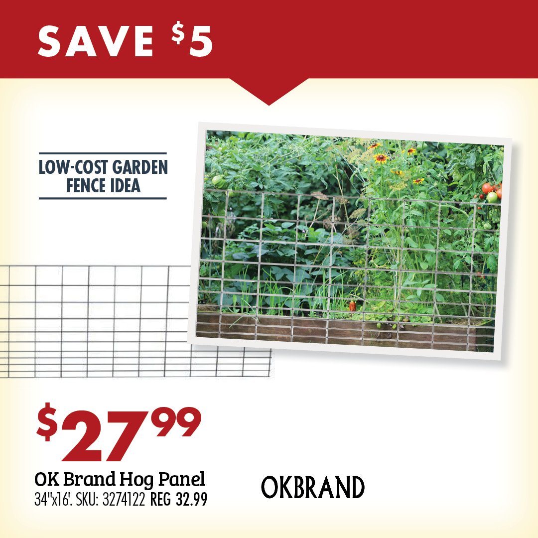 SAVE $5 LOW-COST GARDEN FENCE IDEA $27.99 OK Brand Hog Panel 34"x16'. SKU: 3274122 REG 32.99