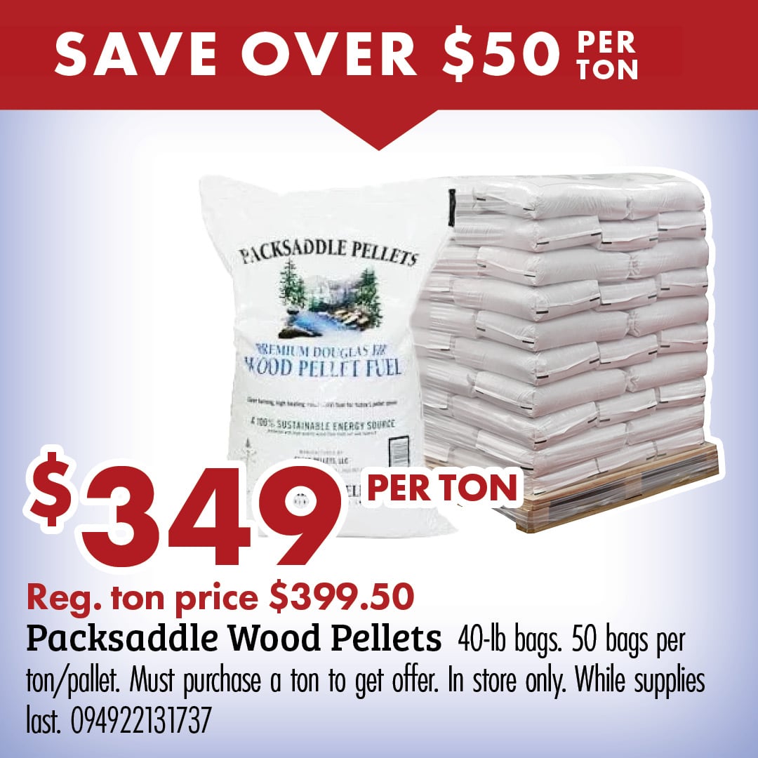SAVE OVER $50 PER TON $349 PER TON Reg. ton price $399.50 Packsaddle Wood Pellets 40-lb bags. 50 bags per ton/pellet. Must purchase a ton to get offer. In store only. While supplies last. 094922131737
