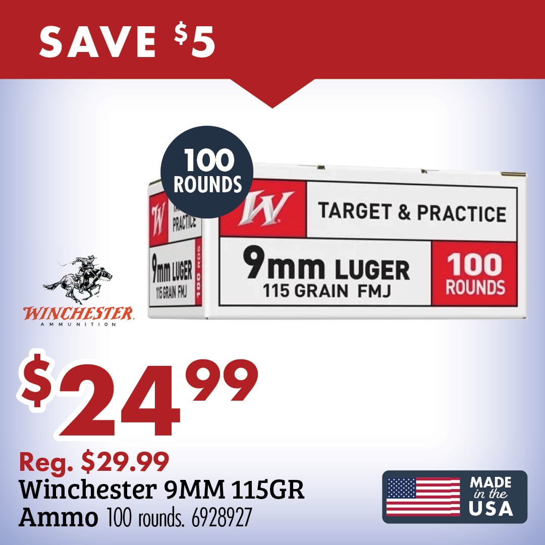 SAVE $5 100 ROUNDS WINCHESTER AMMUNITION $24.99 Reg. $29.99 Winchester 9MM 115GR Ammo 100 rounds. 6928927