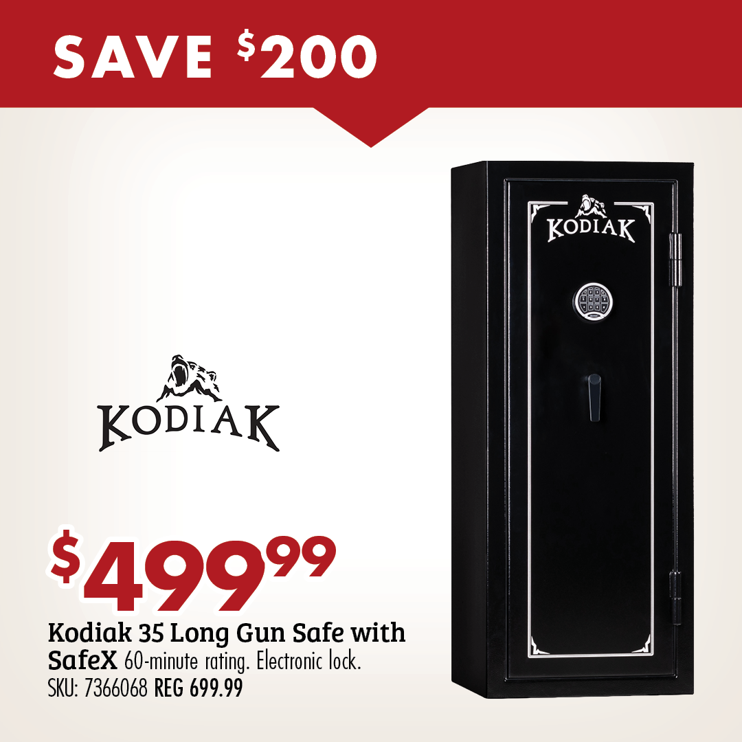 SAVE $200 $499.99 Kodiak 35 Long Gun Safe with SafeX 60-minute rating. Electronic lock. SKU: 7366068 REG 699.99