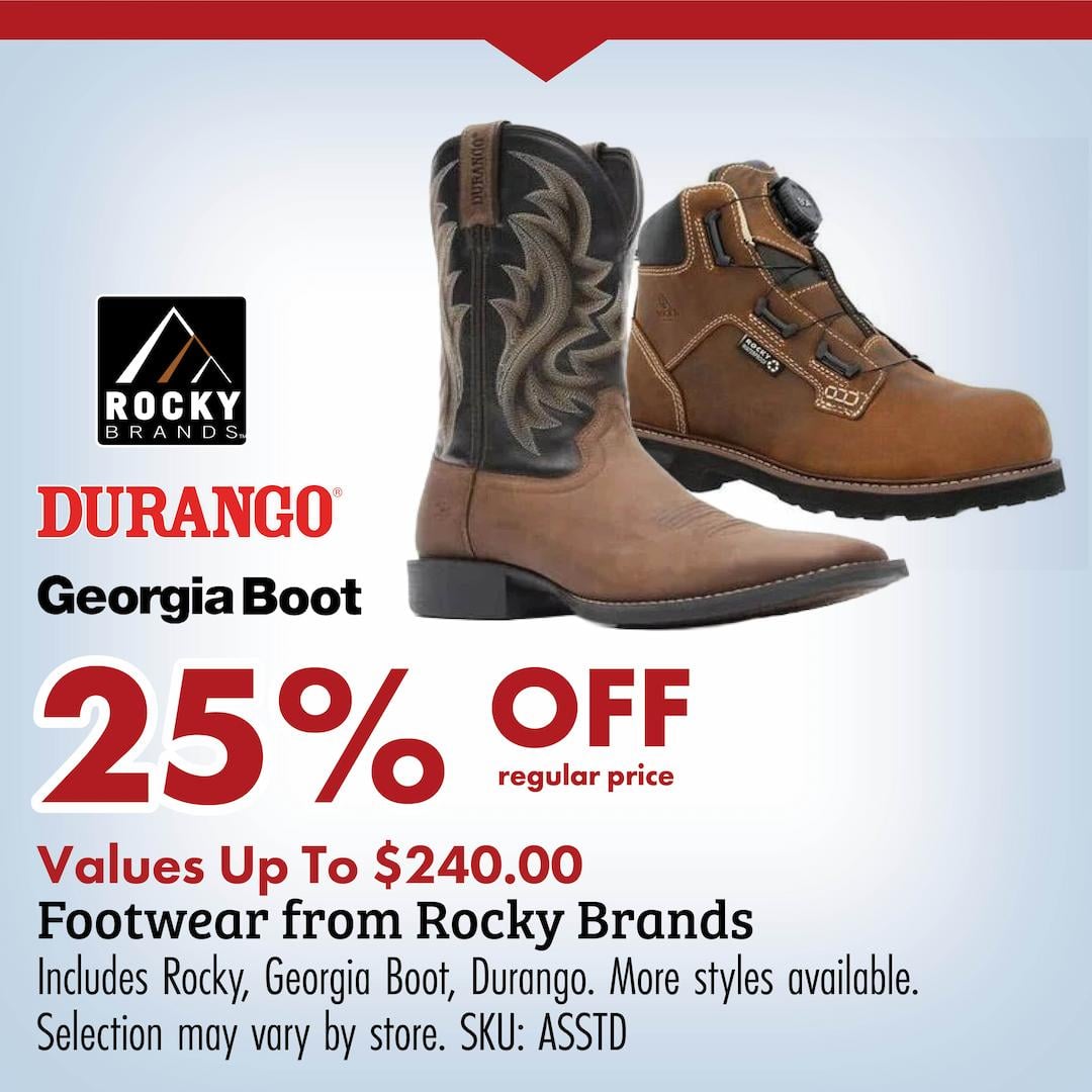 25% OFF regular price Values up to $240.00 Footwear from Rocky Brands Includes Rocky, Georgia Boot, Durango. More styles available Selection may vary by store. SKU: ASSTD