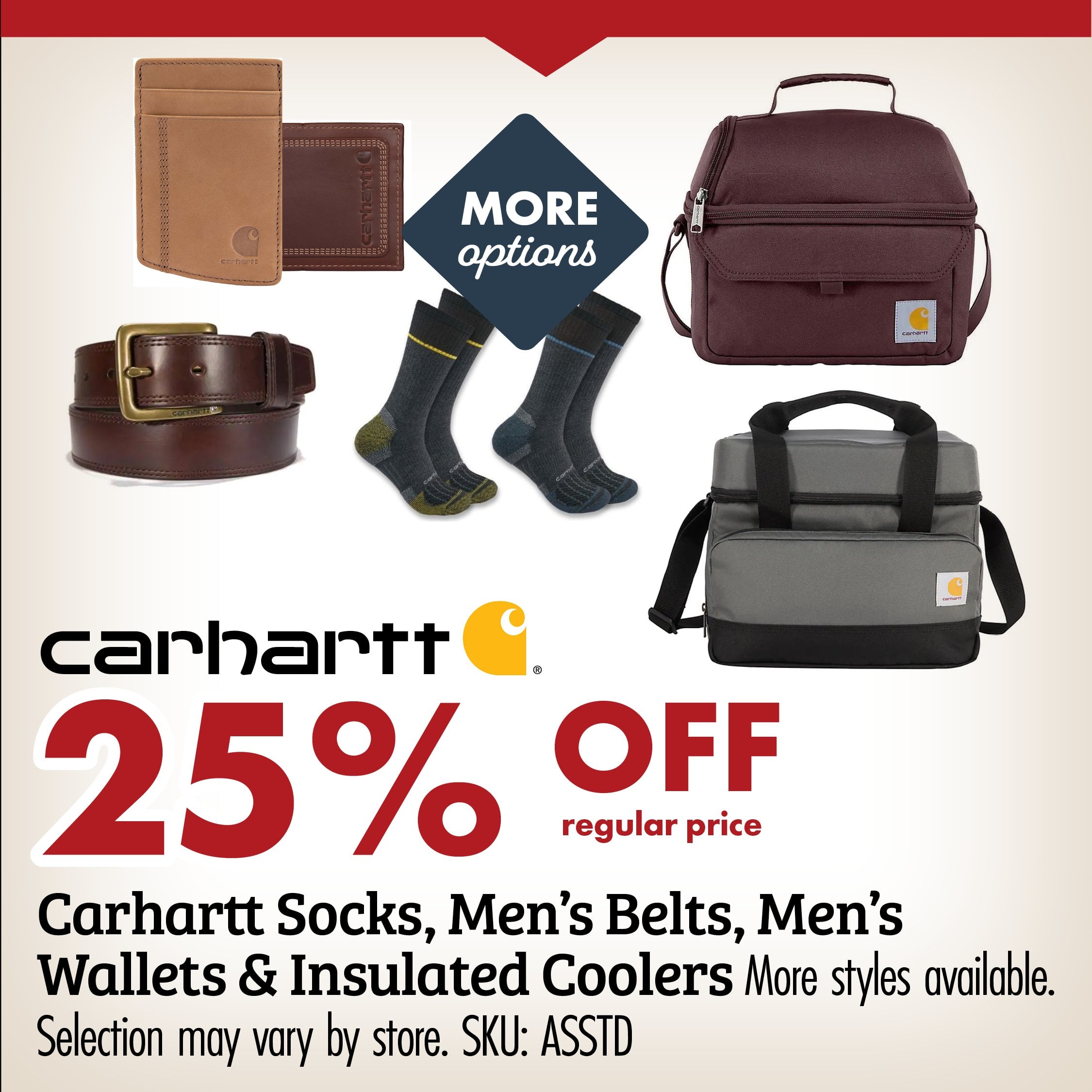 25% OFF regular price Carhartt Socks, Men's Belts, Men's Wallets & Insulated Coolers More styles available. Selection may vary by store. SKU: ASSTD
