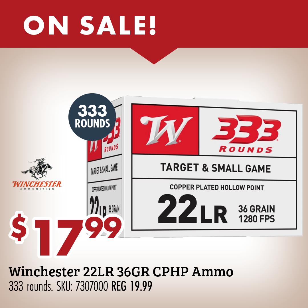 ON SALE! $17.99 Winchester 22LR 36GR CPHP Ammo 333 Rounds. SKU: 7307000 REG 19.99