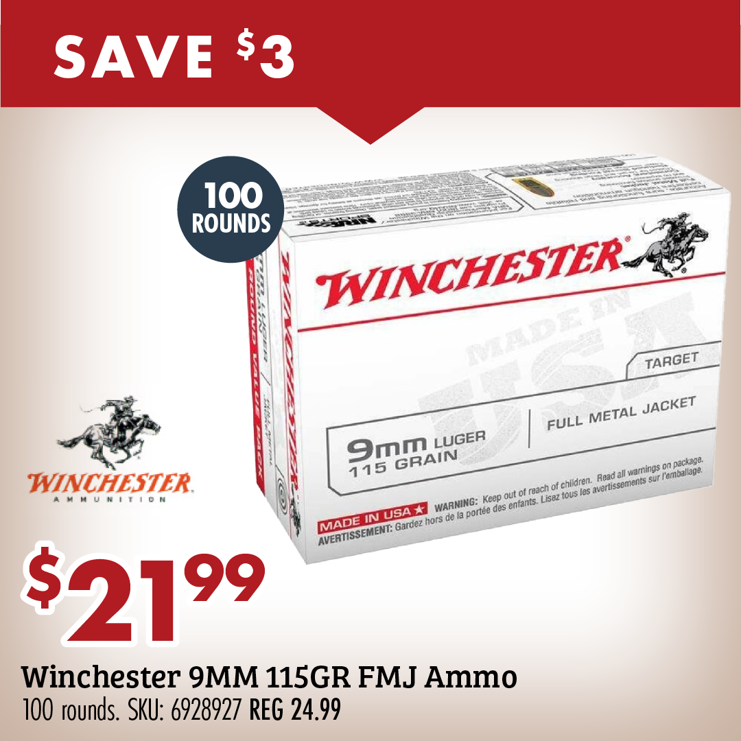SAVE $3 $21.99 Winchester 9MM 11GR FMJ Ammo 100 rounds. SKU: 6928927 REG 24.99