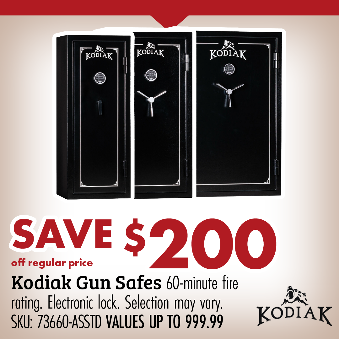 FREE $200 off regular price Kodiak Gun Safes 60-minute fire rating. Electronic lock. Selection may vary. SKU: 73660-ASSTD VALUES UP TO 999.99