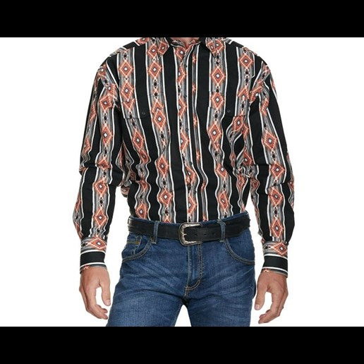 Men's Wrangler Checotah Long Sleeve Western Snap Printed Shirt in Black