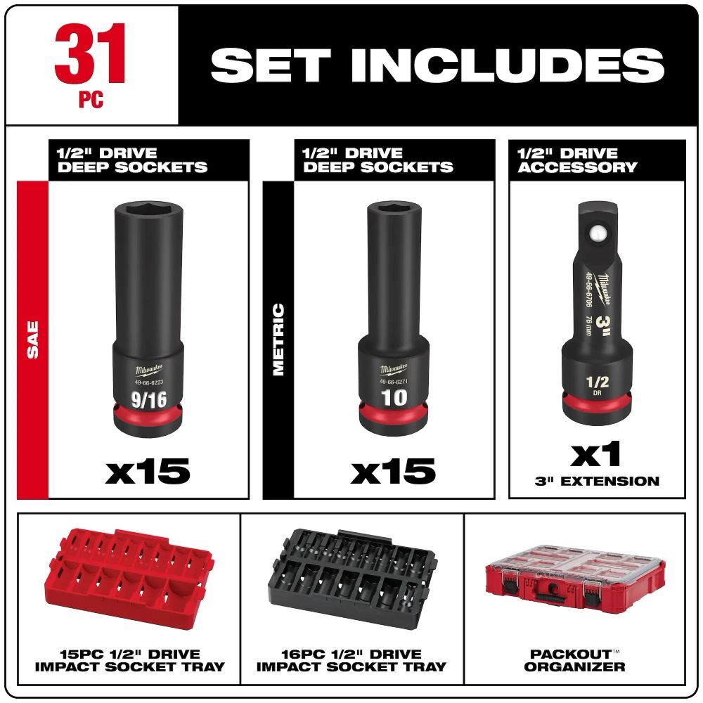 Milwaukee SHOCKWAVE Impact Duty Socket 1/2-In Drive Set with PACKOUT, 31-Pc