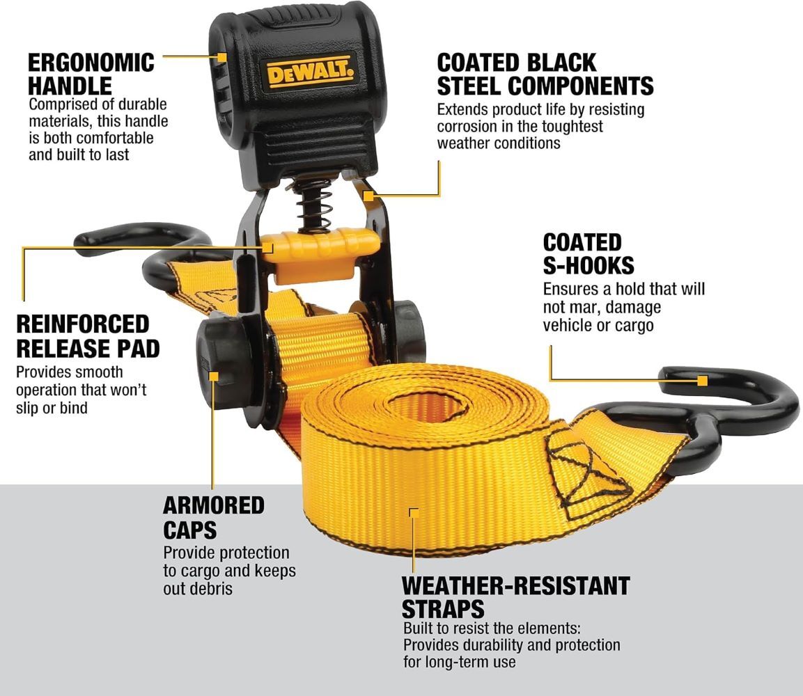 DeWalt Ratchet Tied Down Straps, 1500-Break Strength, 1-In x 10-In, 6-Pk