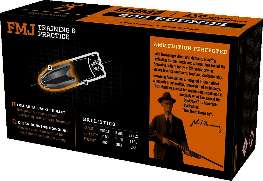 Browning 9mm Luger 115 GR FMJ Ammunition 200 Rounds