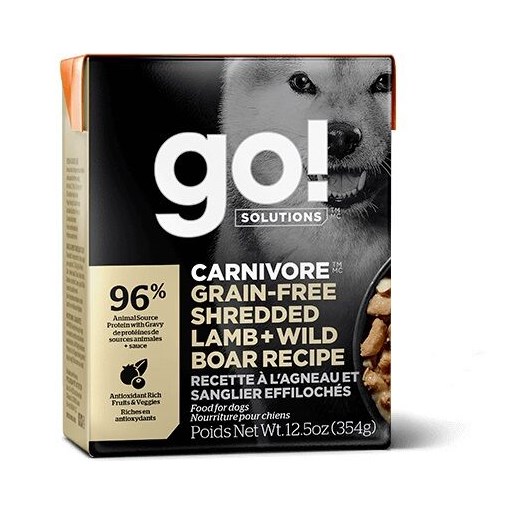 go! Solutions Carnivore Grain Free Shredded Lamb and Wild Boar Recipe, 12.5-oz Carton Wet Dog Food