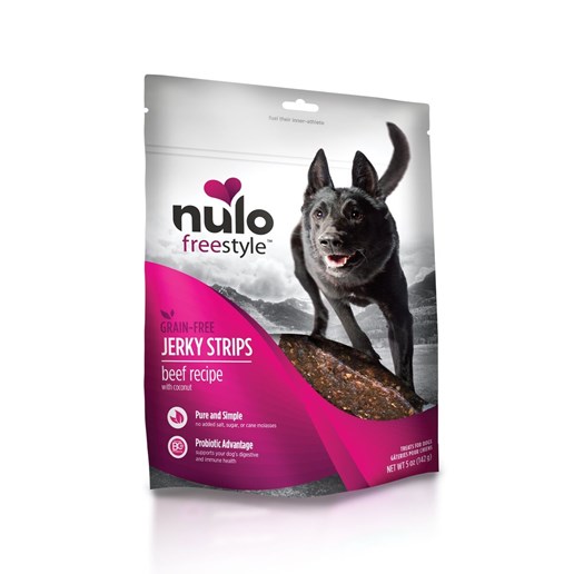 Nulo FreeStyle Dog Jerky Strips Grain-Free Beef With Coconut, 5-Oz Bag