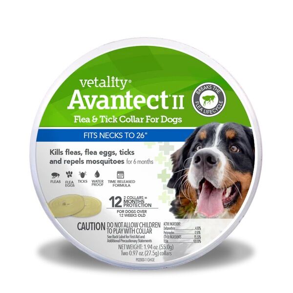 Vetality Avantec II Flea And Tick Collar For Dogs, Fits Neck Up To 26-In