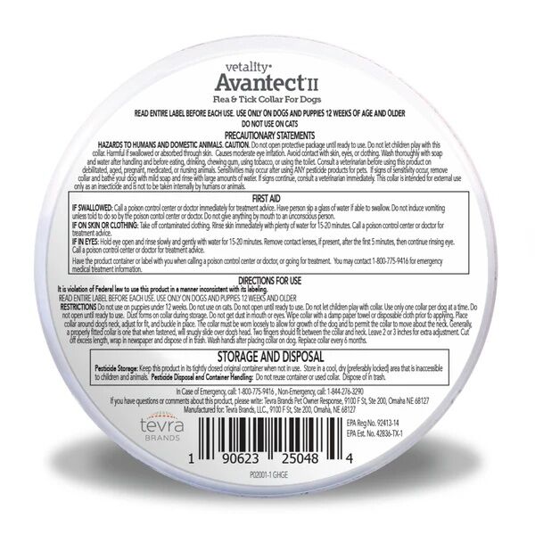 Vetality Avantec II Flea And Tick Collar For Dogs, Fits Neck Up To 26-In