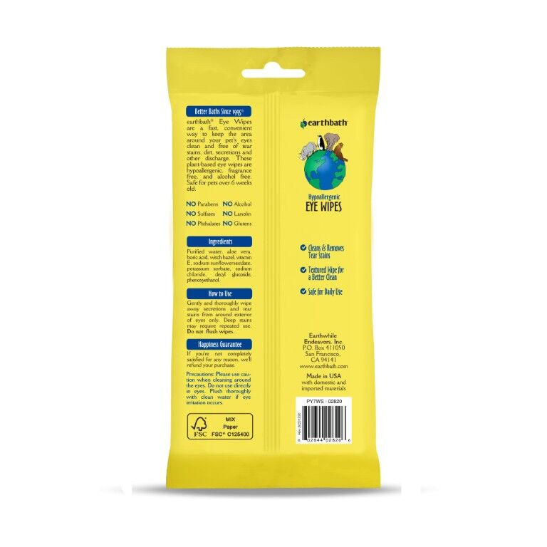 Earthbath Fragrance Free Hypoallergenic Eye Wipes, 30-Ct