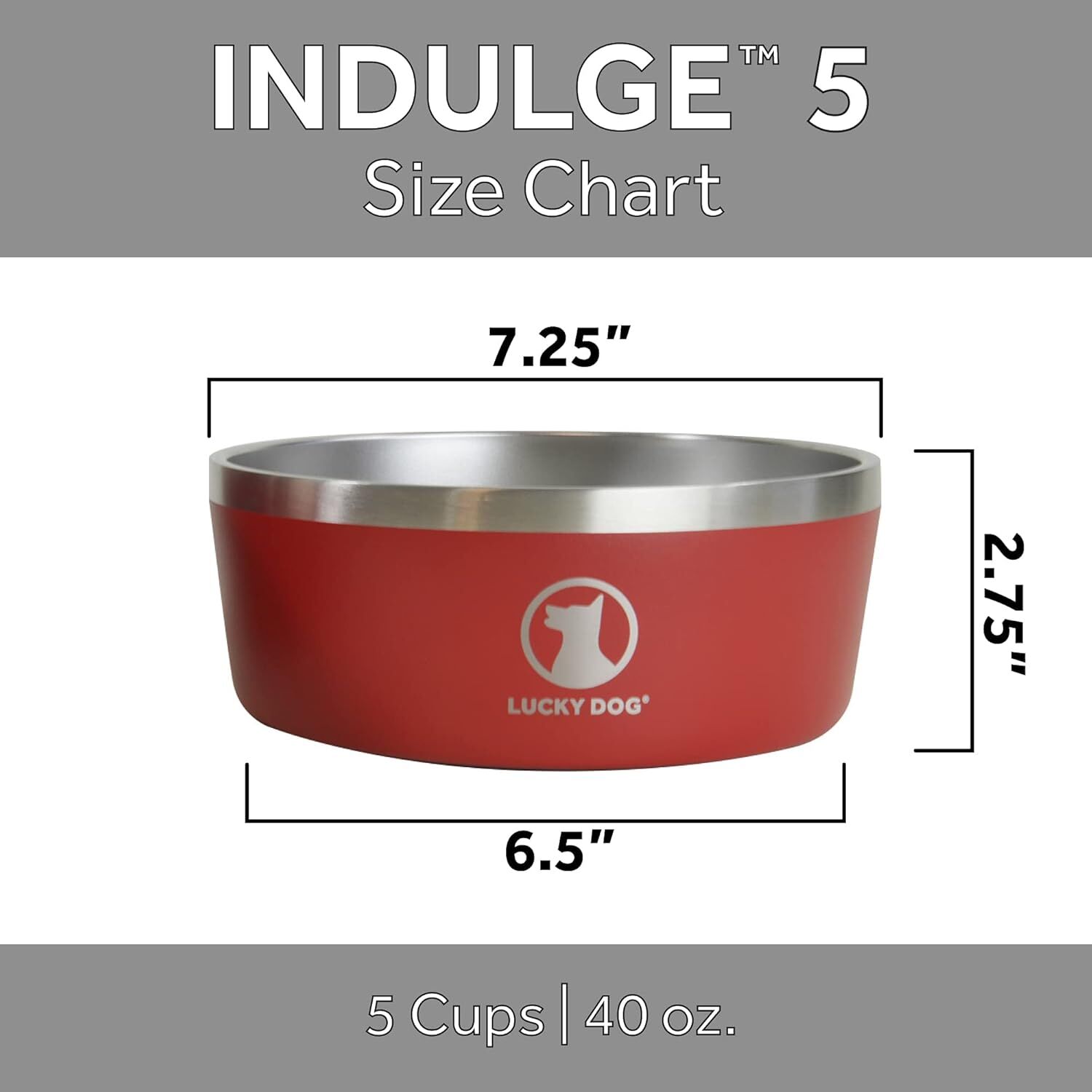 Lucky Dog Indulge 5 Black Double Wall Stainless Steel Dog Bowl, 40-Oz