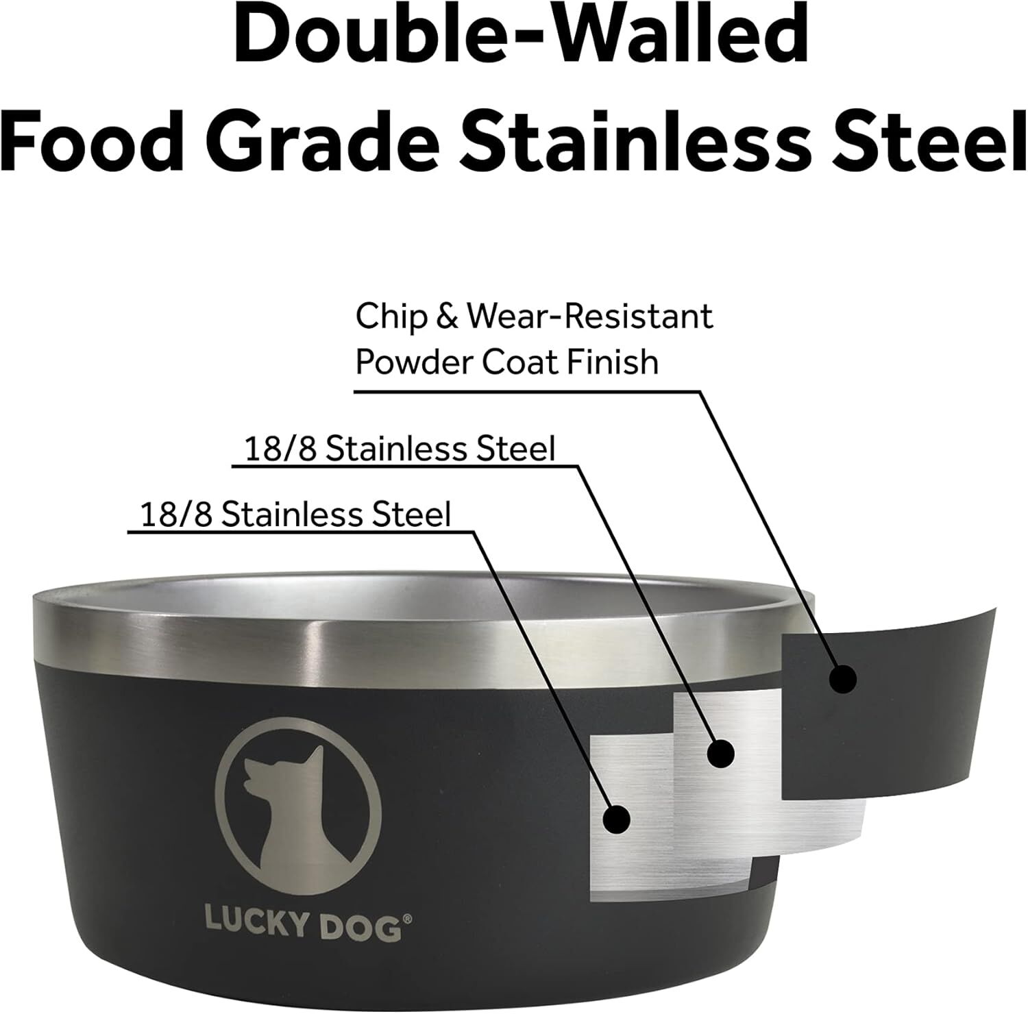 Lucky Dog Indulge 8 Black Double Wall Stainless Steel Dog Bowl, 64-Oz