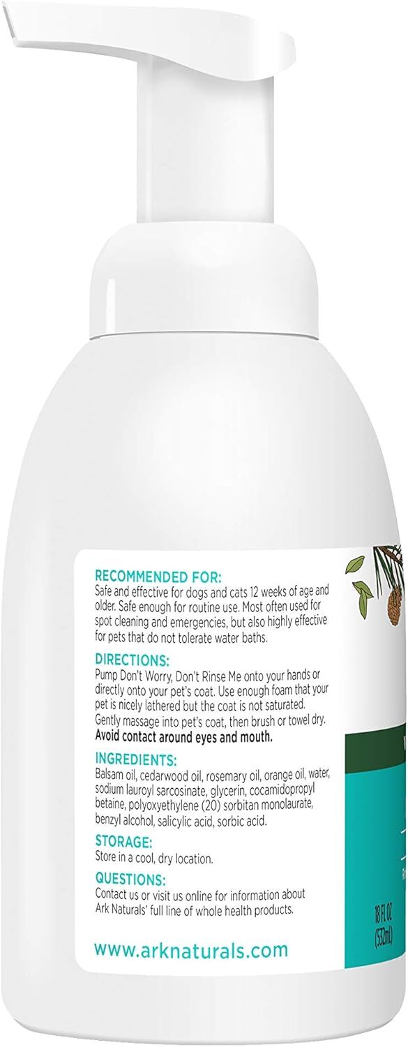 Ark Naturals Don't Worry Don't Rinse Me, Waterless No Rinse Shampoo for Dogs and Cats, 18-Oz