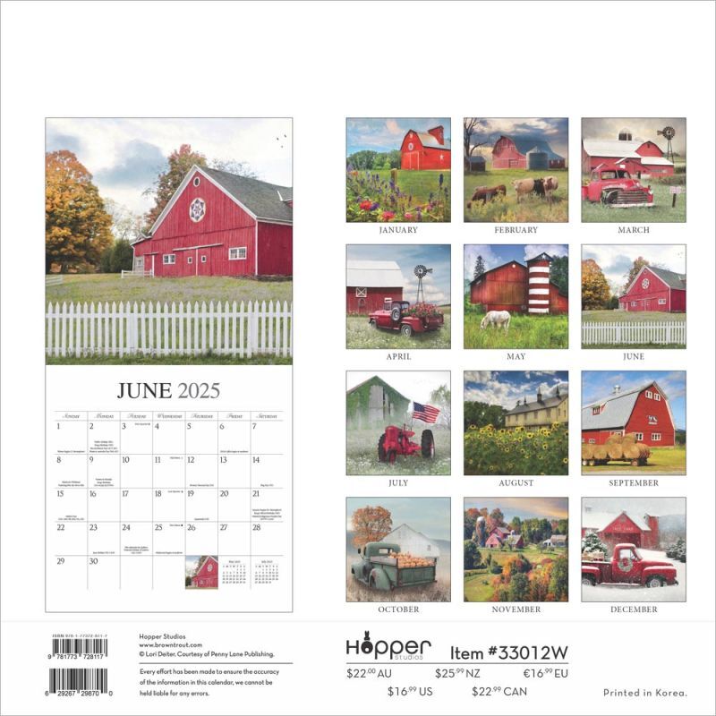 Brown Trout Publisher 2025 Beckoning Barns Monthly Square Wall Calendar, 12-In x 24-In