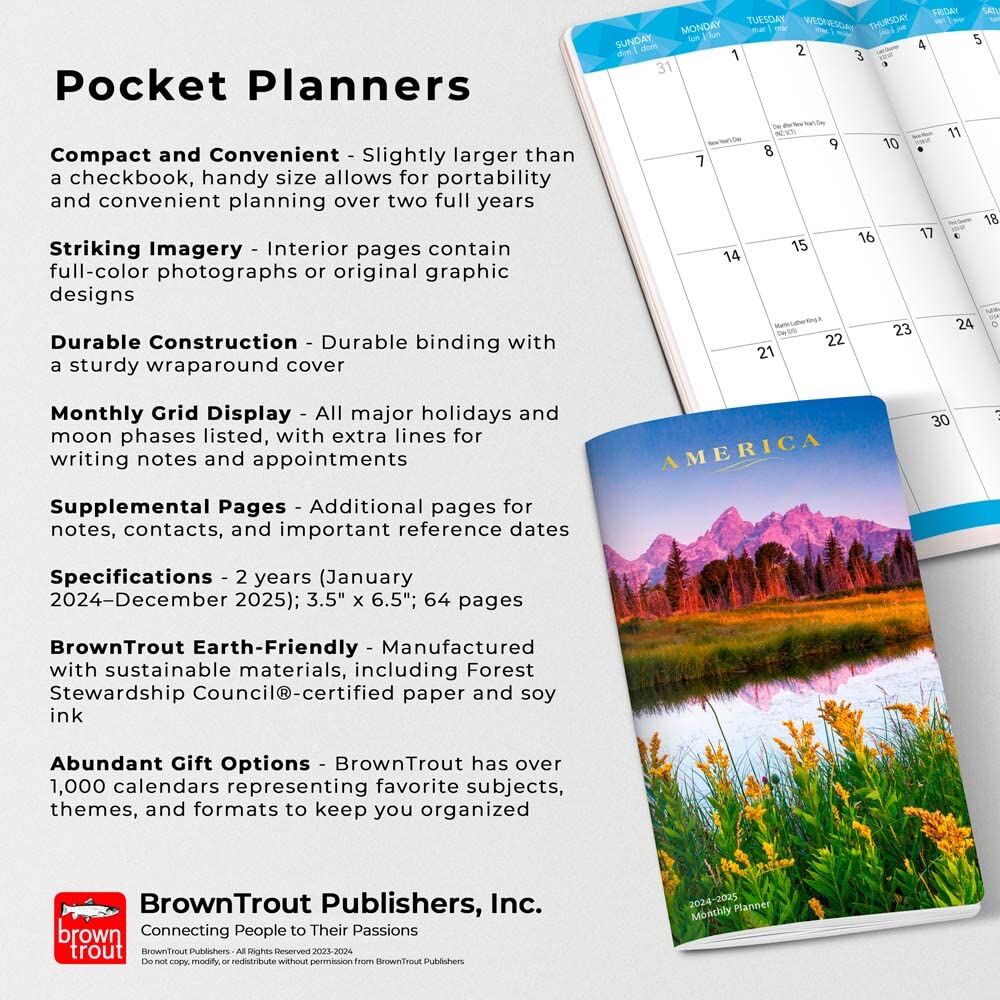 Brown Trout Publisher 2024-2025 America Monthly Pocket Planner Calendar, 3.5-In x 6.5-In