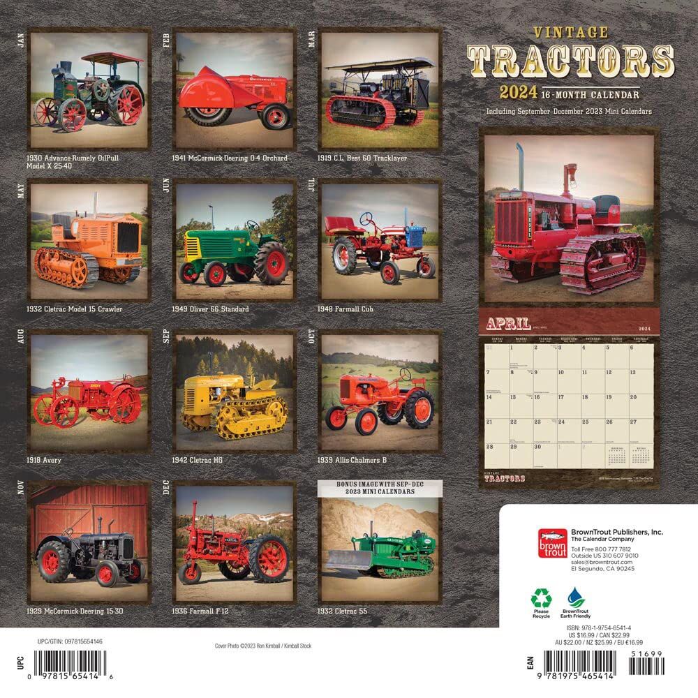 Brown Trout Publisher 2024 Vintage Tractors Monthly Square Wall Calendar