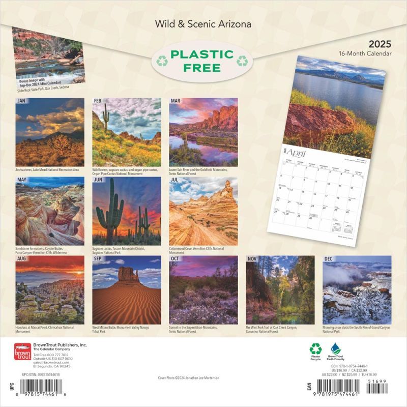 Brown Trout Publisher 2025 Arizona Wild & Scenic Monthly Square Wall Calendar, 12-In x 24-In