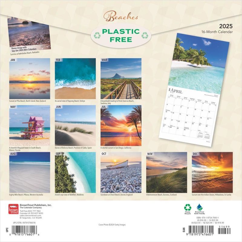 Brown Trout Publisher 2025 Beaches Monthly Square Wall Calendar, 12-In x 24-In