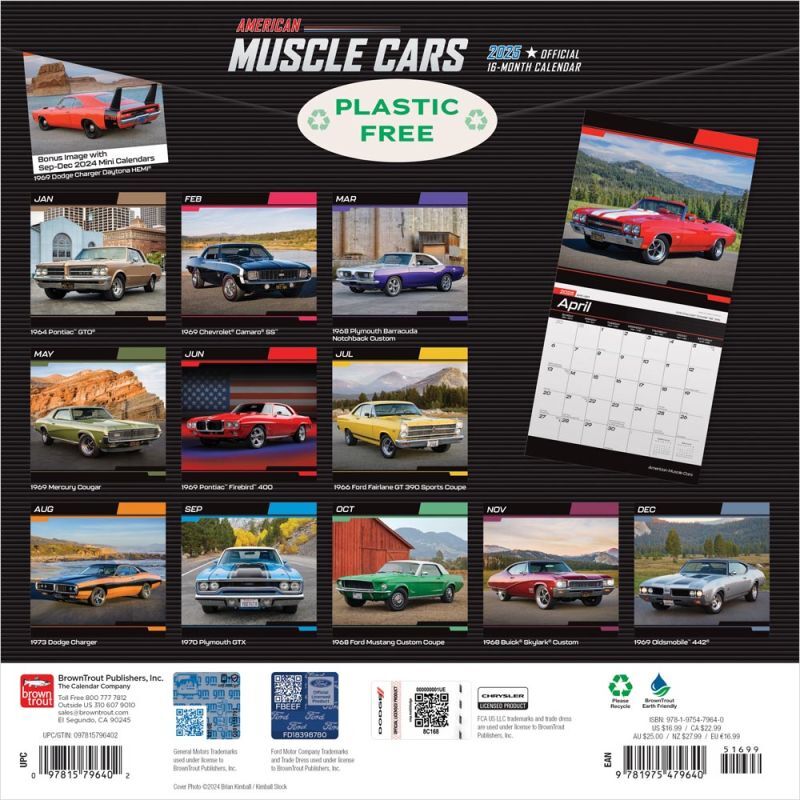 Brown Trout Publisher 2025 American Muscle Cars Official Monthly Square Wall Calendar, 12-In x 24-In