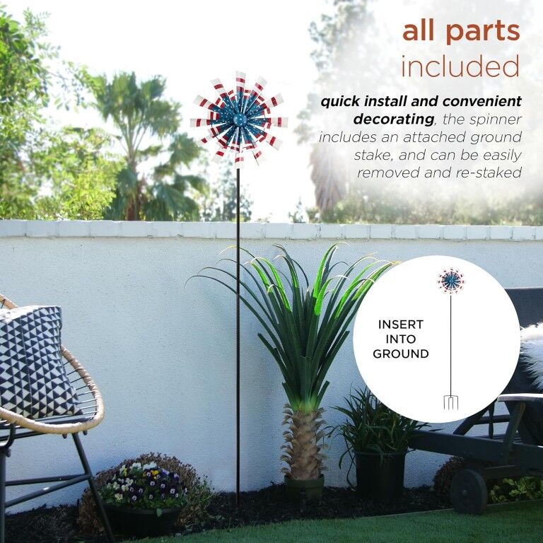 Alpine Metal Patriotic Dual Kinetic Wind Spinner Garden Stake, 75-In