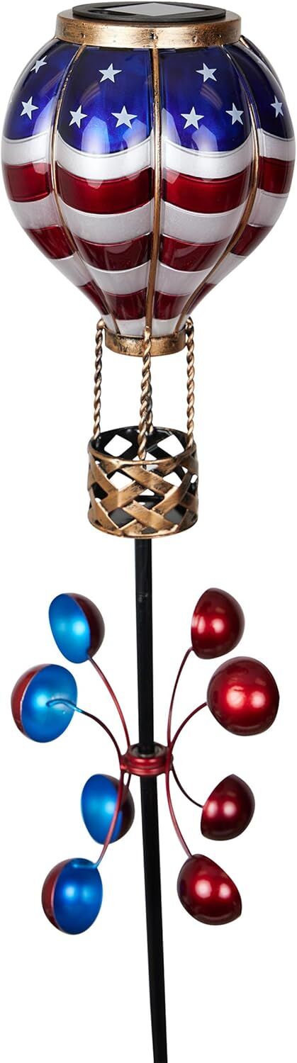 Alpine Patriotic Spinning American Flag Solar Hot Air Balloon Garden Stake, 45-In