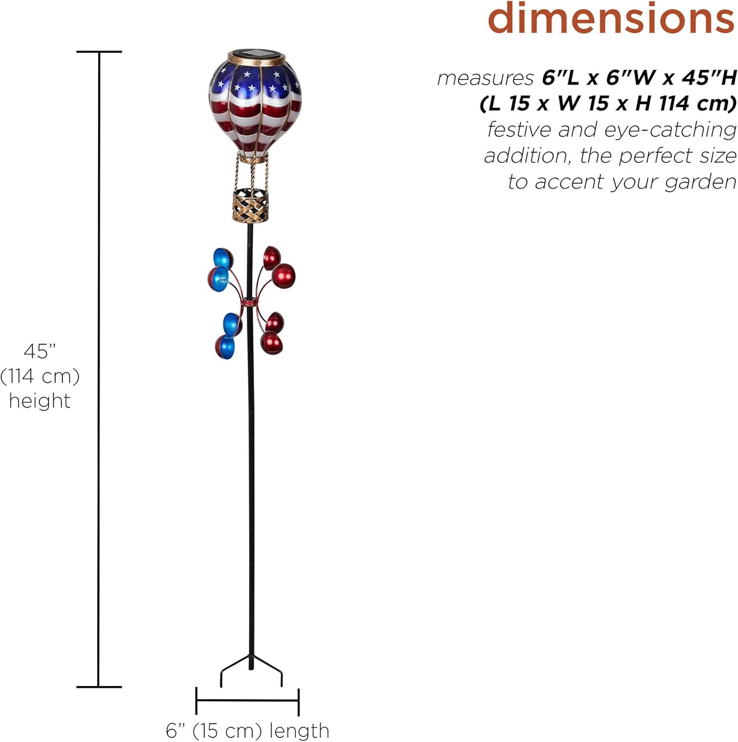 Alpine Patriotic Spinning American Flag Solar Hot Air Balloon Garden Stake, 45-In