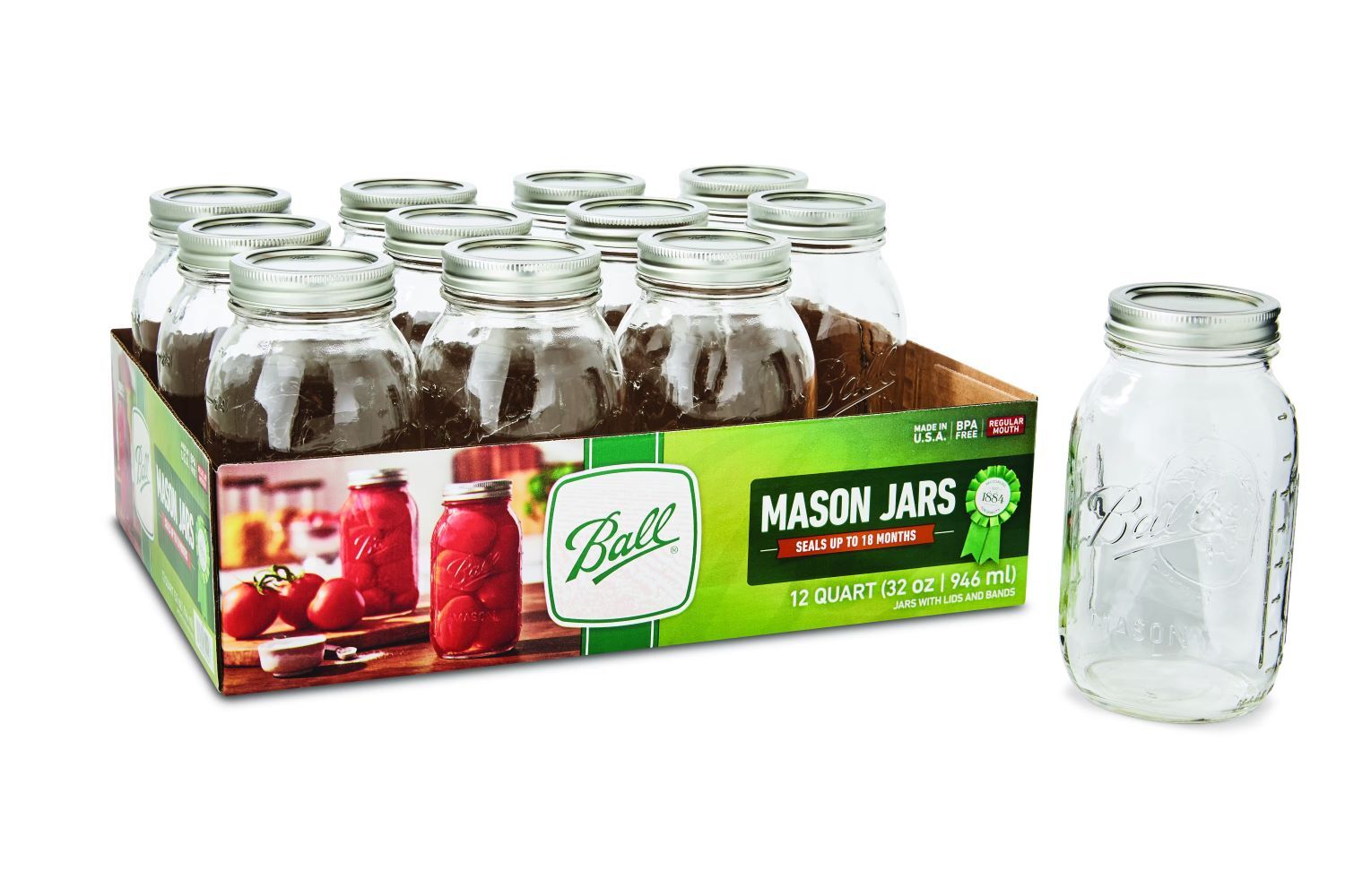 Ball Mason Jars & Lids, Regular Mouth, 32-Oz, 12-Pk