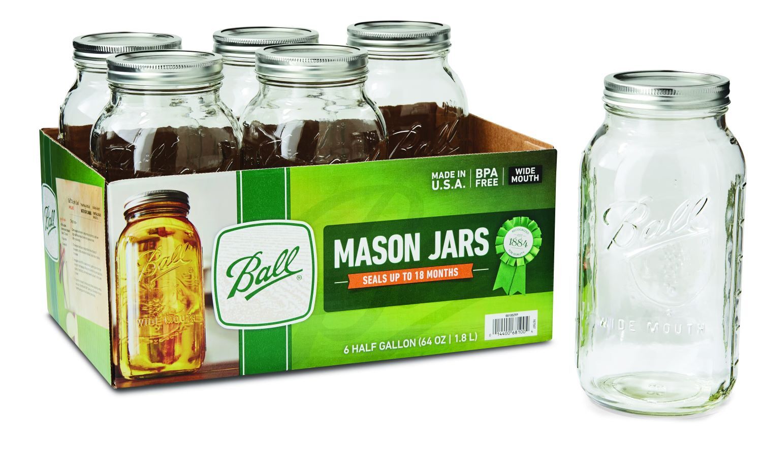 Ball Mason Jars & Lids, Wide Mouth, 64-Oz, 6-Pk