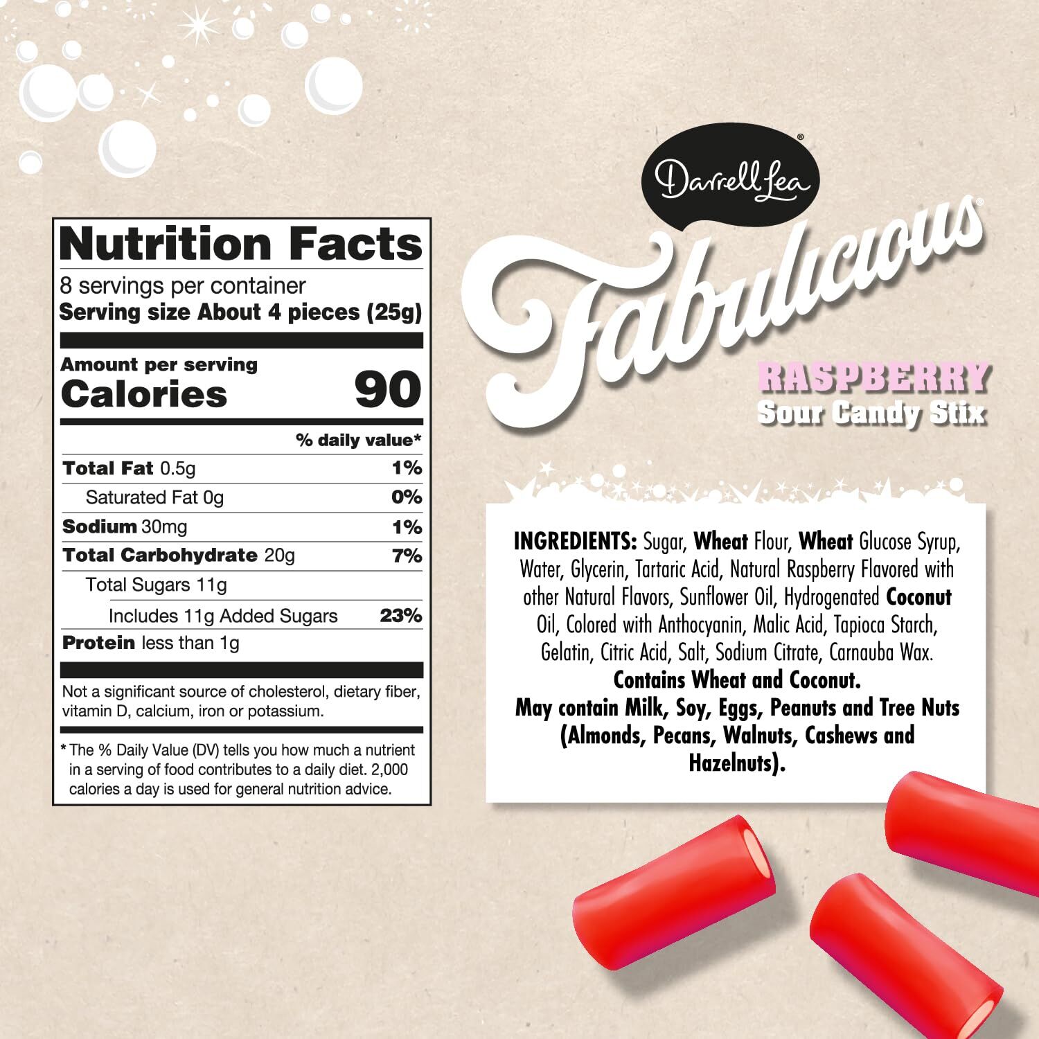 Darrell Lea Fabulicious Raspberry Sour Candy Stix, 7-Oz