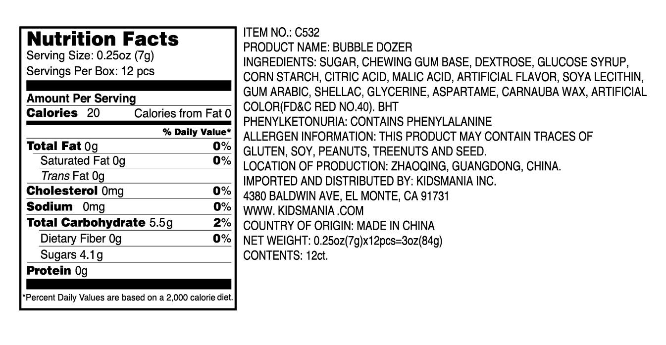 Kidsmania Bubble Dozer Gum Nuggets Toy Bulldozer