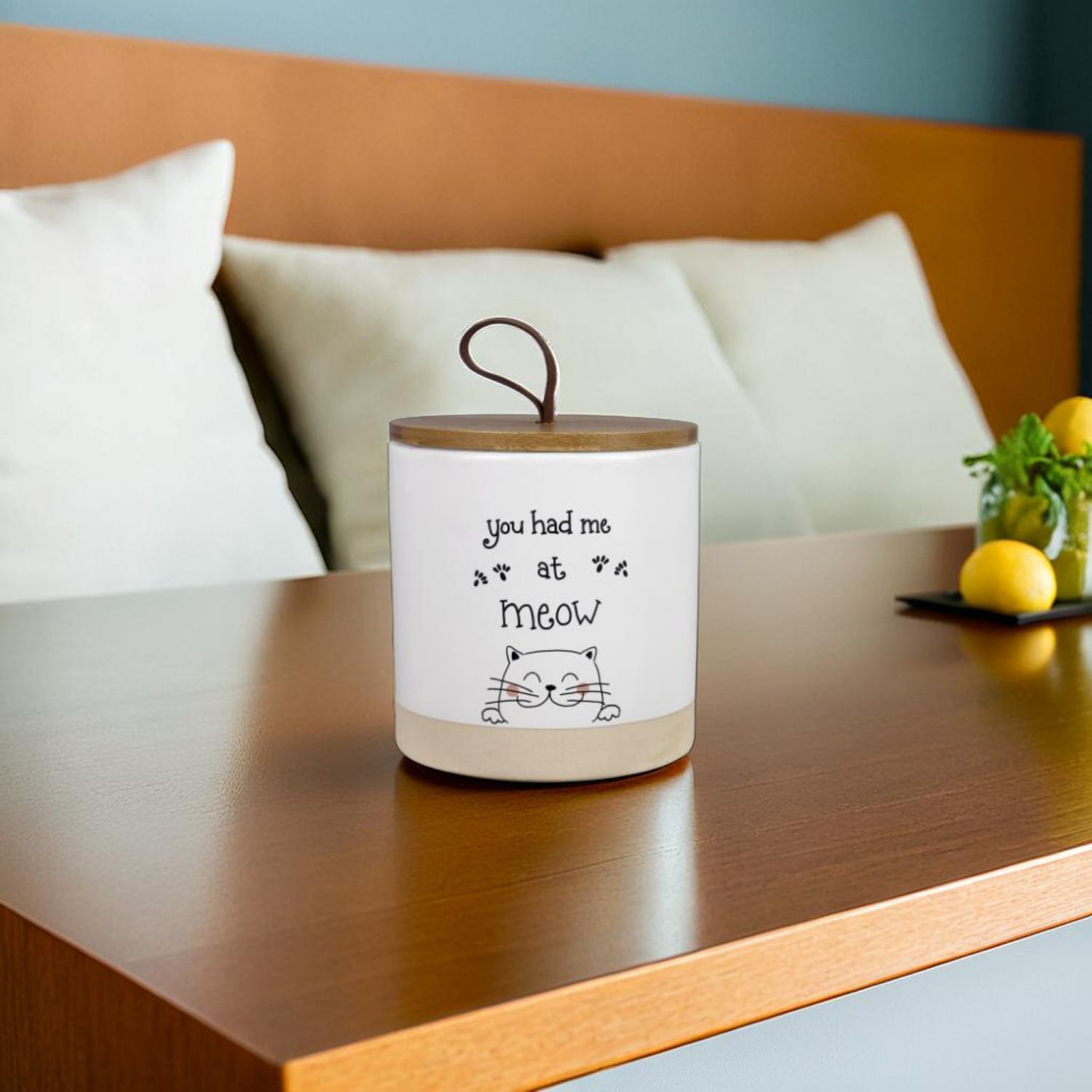 Young's Ceramic Cat Treat Jar with Bamboo Lid, 70-Oz