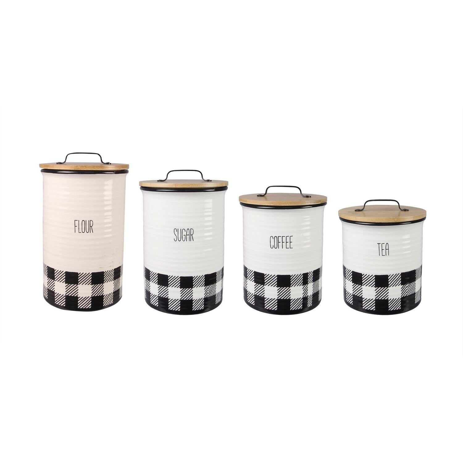 Young's Ceramic Black and White Plaid Canister Set with Bamboo Lids, 4-Pk