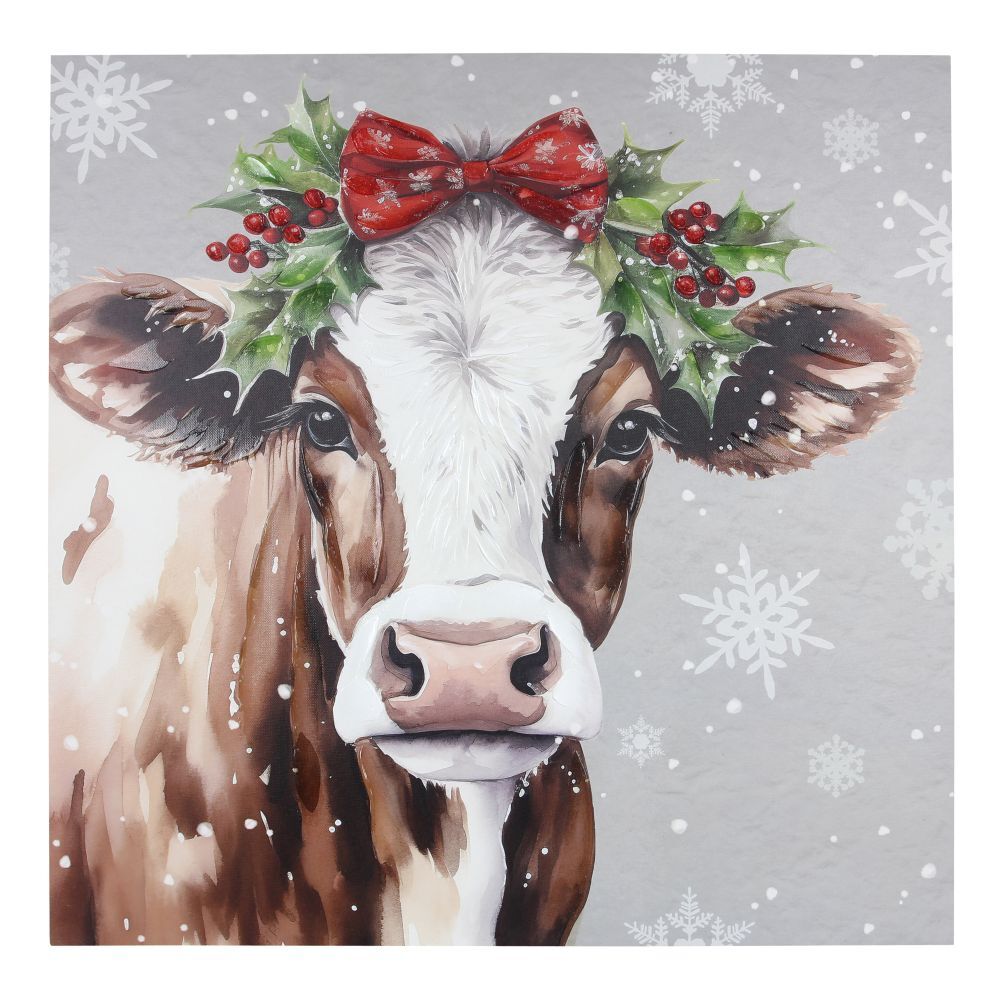 Young's Inc. Wood Box Country Cow Christmas Canvas Wall Art with Hand Painting, 23.6-In x 23.6-In