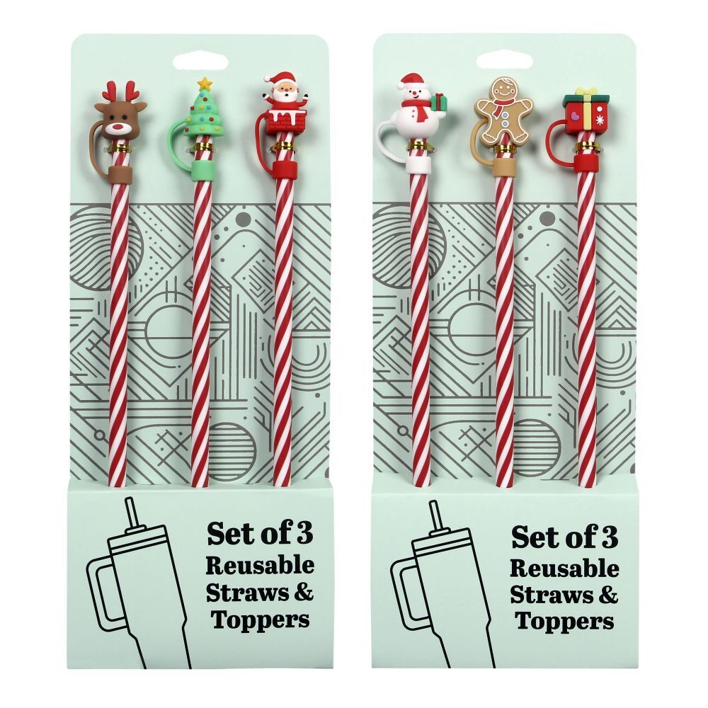Young's Inc Plastic Straw With Reindeer/Tree/Santa Caps Assortment, 3-Pk