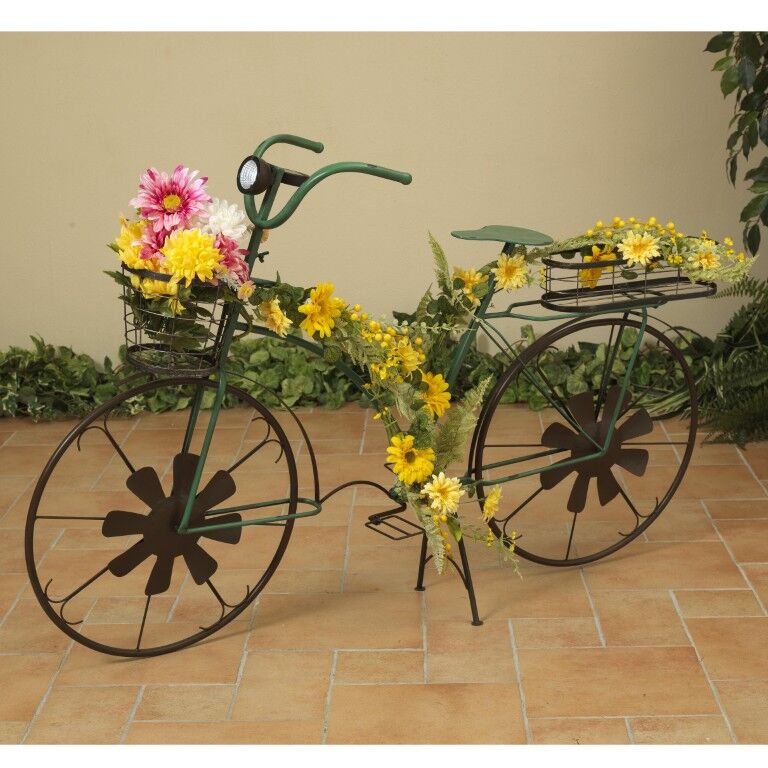 Gerson Solar Lighted Metal Antique Bicycle Plant Stand With Wind Spinner Spokes, 52.9-In