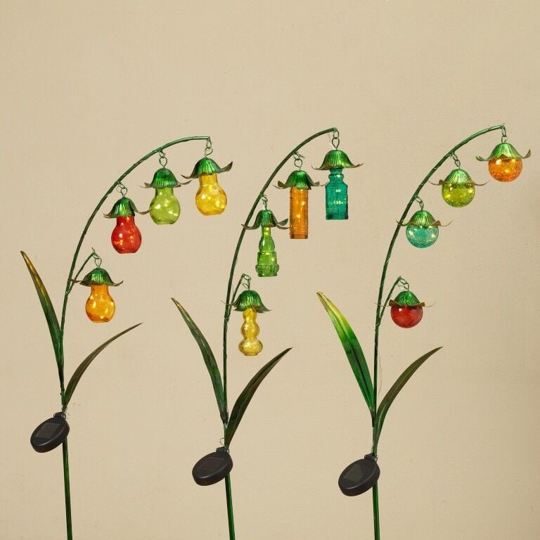 Gerson Solar Lighted Metal Flower With Glass Bottles Yard Stake Assortment, 48-In