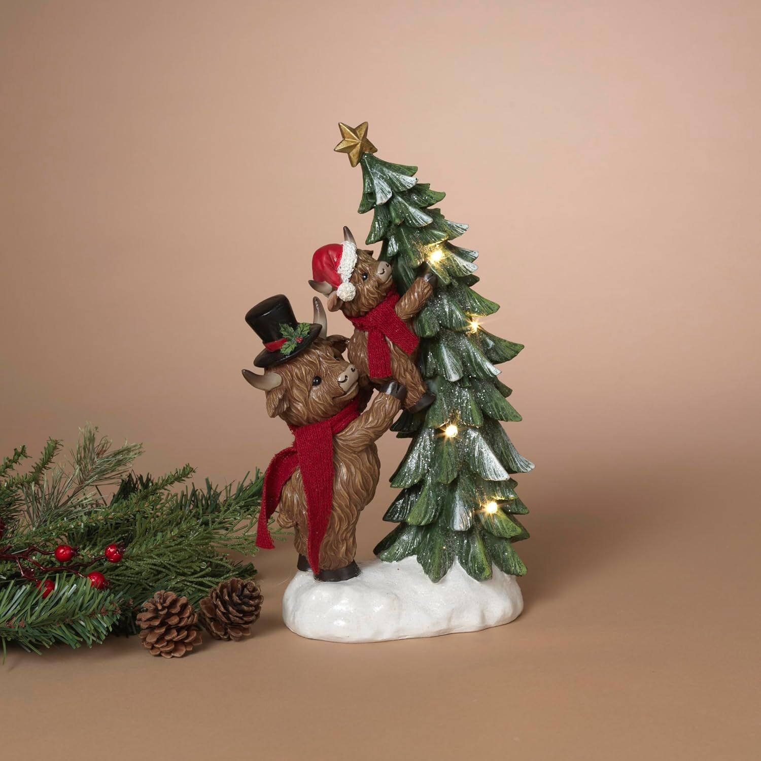 Gerson Lighted Resin Holiday Highland Cows With Tree & Timer, 12 1/2-In