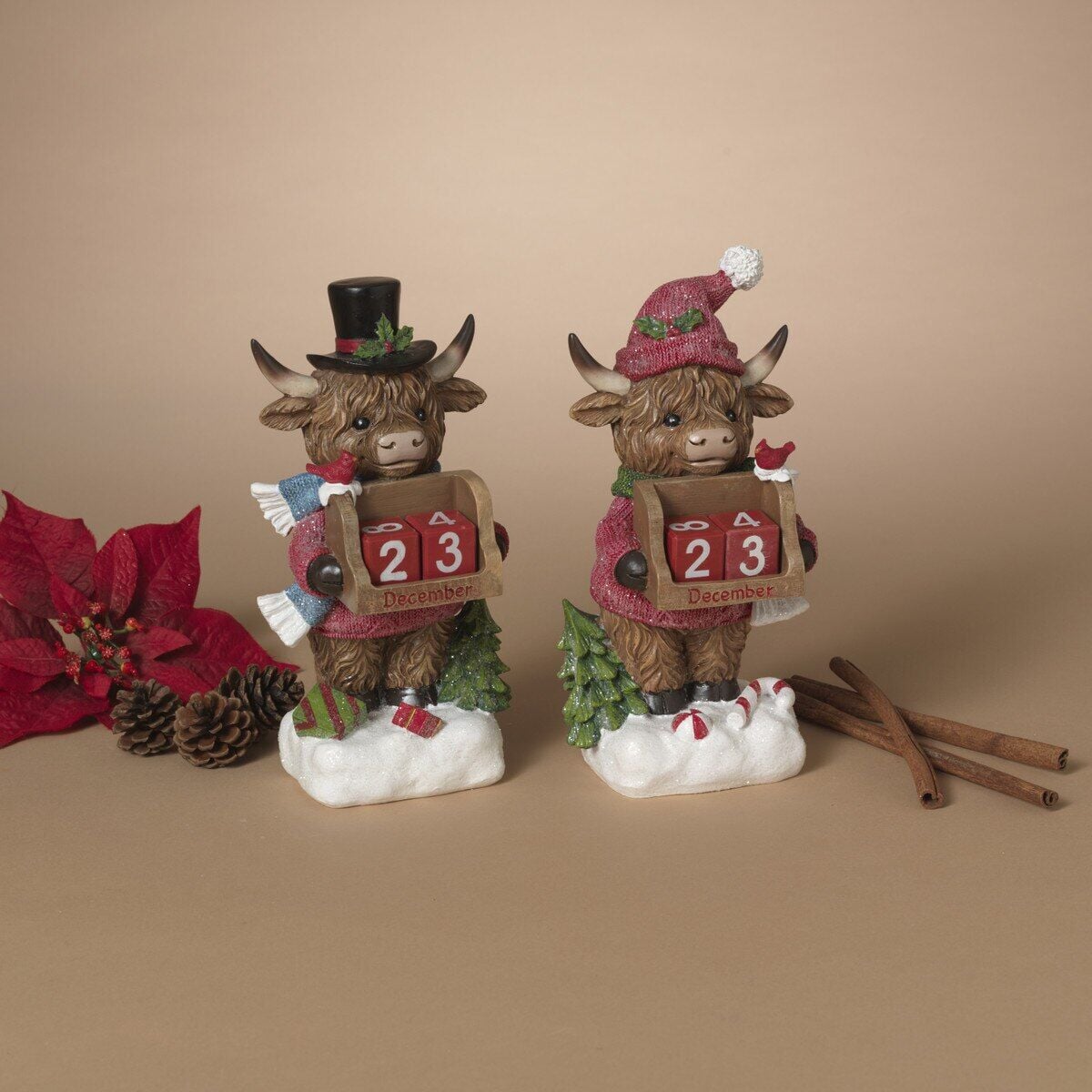 Gerson Resin Holiday Highland Cow with Countdown Calendar, 9.25 in., Single, Assorted