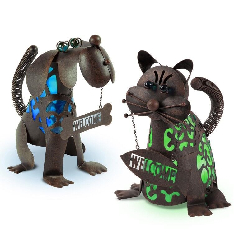 Gerson Solar Lighted Metal "Welcome" Rustic Brown Finish Cat/Dog Assortment, 14-In