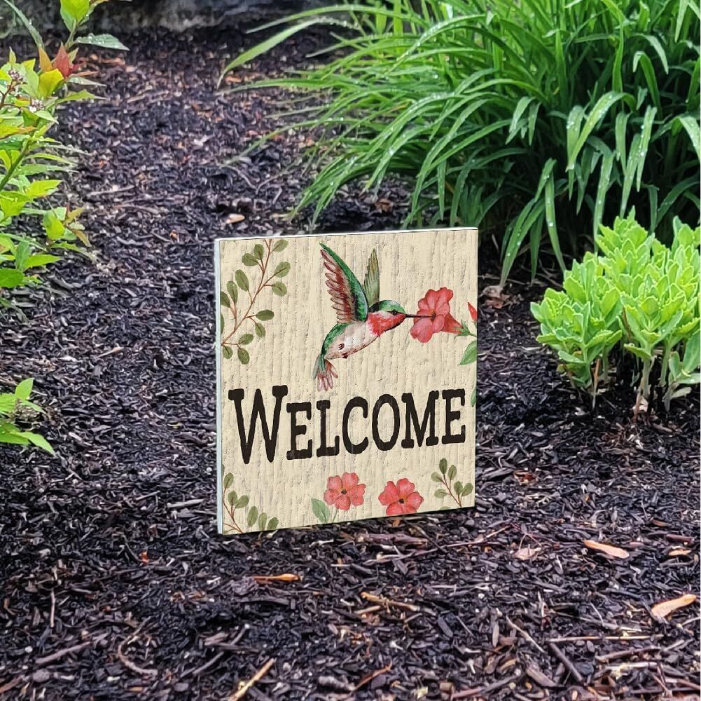 My Word! Hummingbird Freestanding Outdoor Square Welcome Sign, 8-In X 8-In