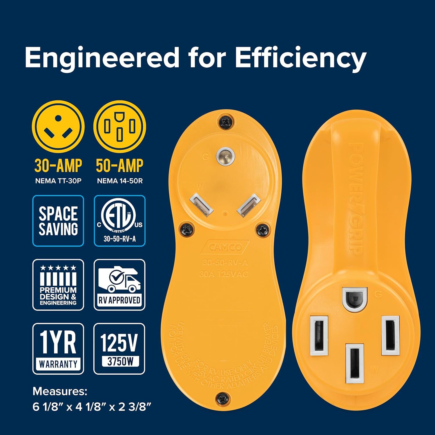 Camco Power Grip 30 AMP Male To 50 AMP Female Electrical Offset Adapter