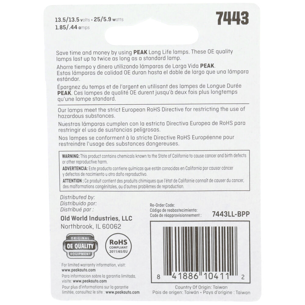 Peak Automotive7443 Long Life Mini Bulb, 2-Pk
