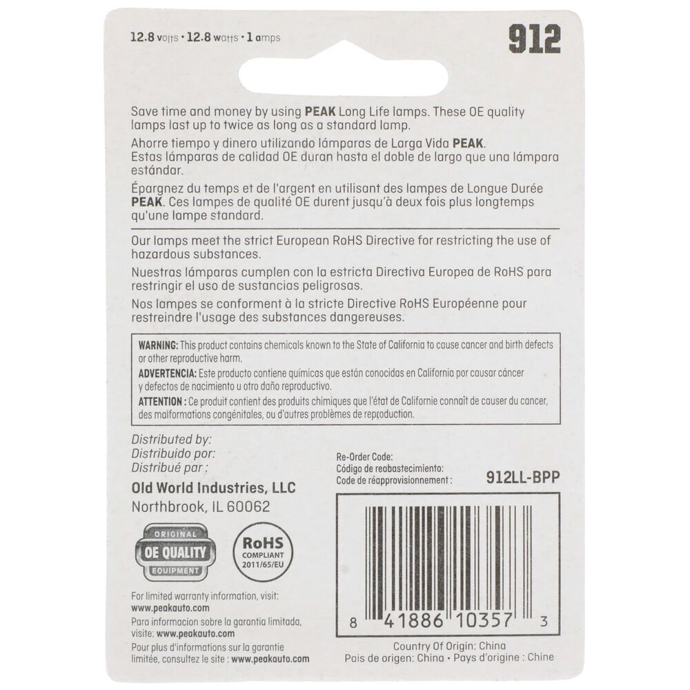 PEAK Long Life Automotive Miniature 912 Lights, 2-Pk
