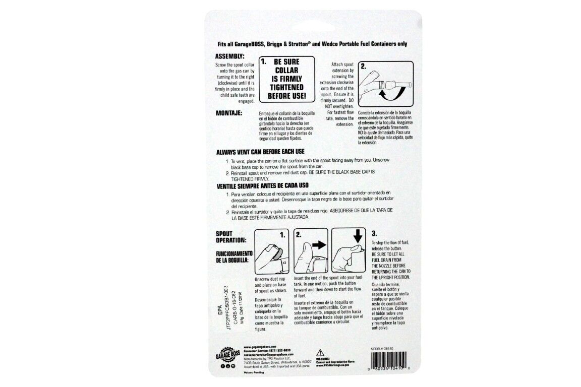 Garage Boss Press 'N Pour Fuel Container Spout