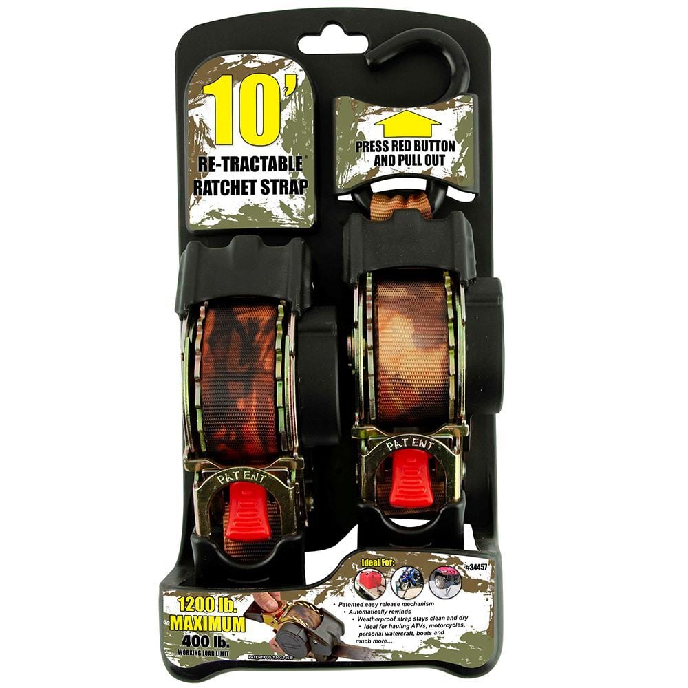 Erickson Camo Re-Tractable Ratchet Straps, 1-In x 10-Ft, 1200-Lb, 2-Pk